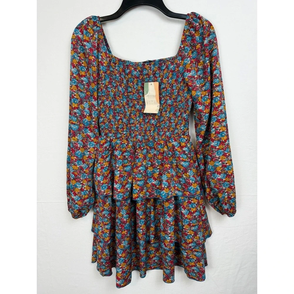 BTFBM Women's Mini Dress Floral Smocked Tiered Cottagecore Square Neck Small NWT